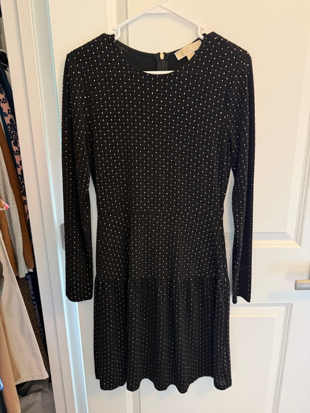 Michael Kors Black Long-Sleeve Tiered Drop Waist Party Dress Gold Dot Accent